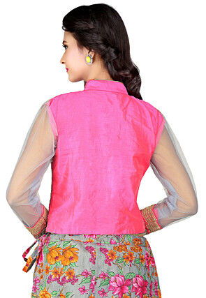 Embroidered Art Dupion Silk and Net Crop Top in Fuchsia