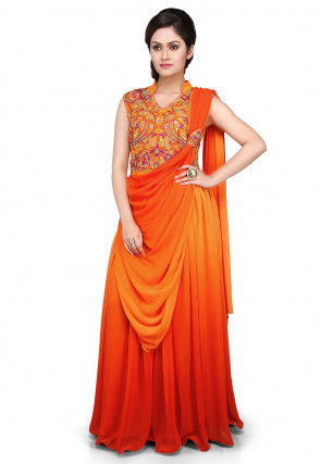 Hand Embroidered Georgette Saree Style Gown in Orange and Mustard