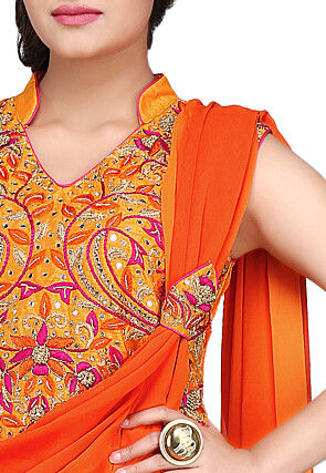 Hand Embroidered Georgette Saree Style Gown in Orange and Mustard