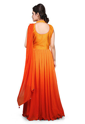 Hand Embroidered Georgette Saree Style Gown in Orange and Mustard
