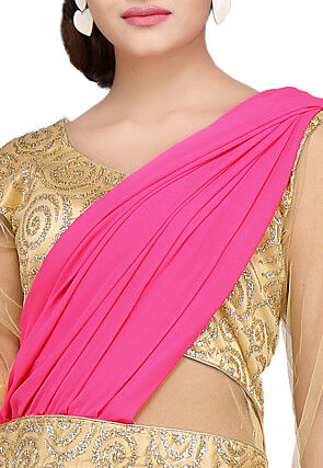 Embroidered Georgette Pleated Saree Style Gown in Pink