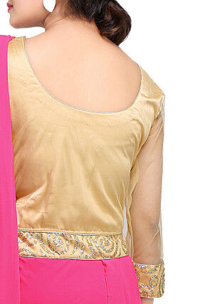 Embroidered Georgette Pleated Saree Style Gown in Pink