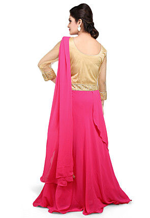 Embroidered Georgette Pleated Saree Style Gown in Pink