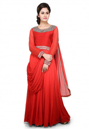 Embroidered Georgette Pleated Saree Style Gown in Red