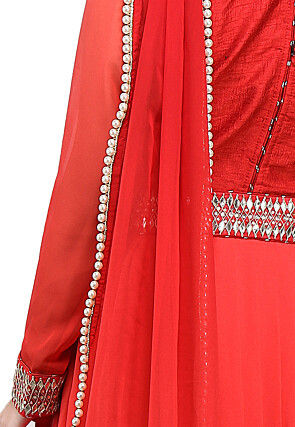 Embroidered Georgette Pleated Saree Style Gown in Red