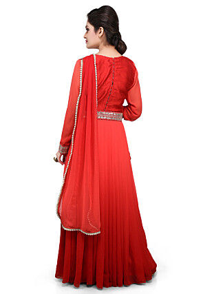 Embroidered Georgette Pleated Saree Style Gown in Red