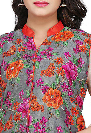 Printed Bhagalpuri Silk Jacket in Grey