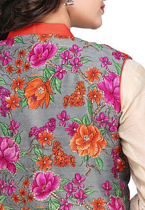 Printed Bhagalpuri Silk Jacket in Grey