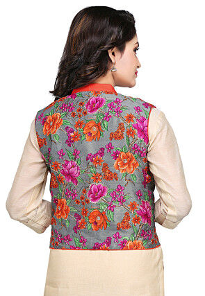 Printed Bhagalpuri Silk Jacket in Grey