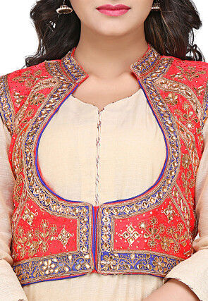 Gota Patti Embroidered Dupion Silk Jacket in Coral Red