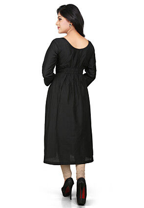 Plain Cotton Silk Long Kurta in Black