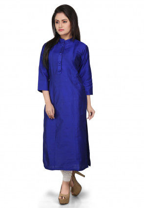 Plain Cotton Silk Long Kurta in Royal Blue