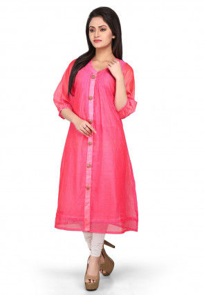 Plain Cotton Chanderi Long Kurta in Pink