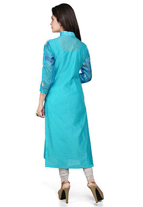 Pure Kota Silk and Cotton Chanderi Long Kurta in Blue
