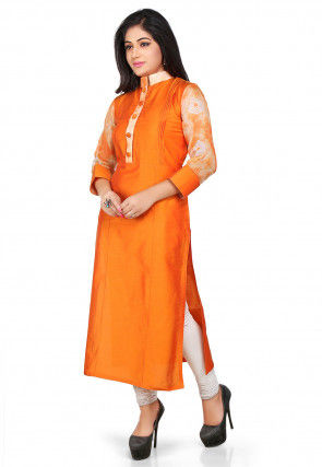 Plain Cotton Chanderi Long Kurta in Orange