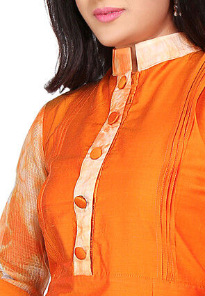 Plain Cotton Chanderi Long Kurta in Orange