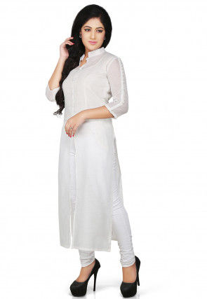 Plain Cotton Chanderi Long Kurta in White