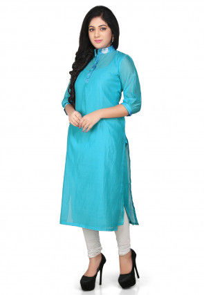 Plain Cotton Chanderi Long Kurta in Turquoise