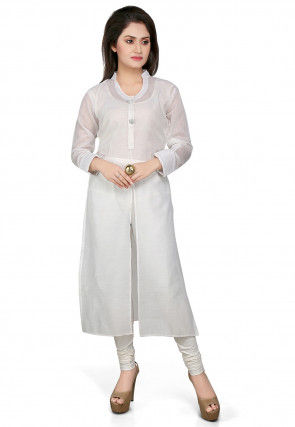 Plain Cotton Chanderi Long Kurta in White