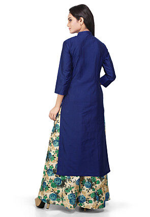 Plain Cotton Silk Kurta Set in Blue