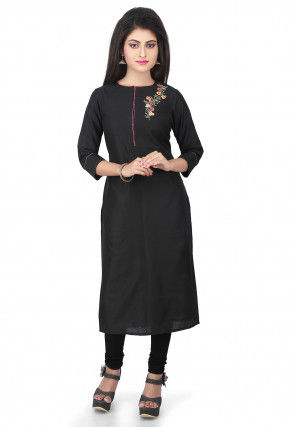 Plain Cotton Silk Long Kurta in Black