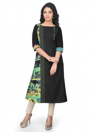 Printed Cotton Silk Long Kurta in Black