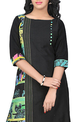 Printed Cotton Silk Long Kurta in Black