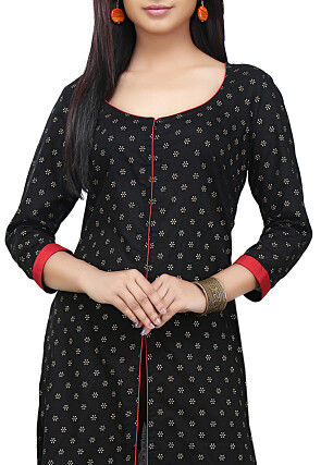 Block Printed Cotton Long Kurta in Black