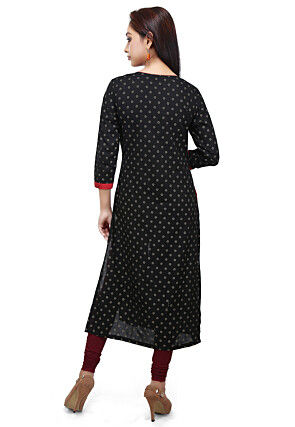 Block Printed Cotton Long Kurta in Black