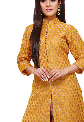Woven Chanderi Silk Front Slit Long Kurta in Yellow