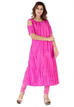 Tie Dyed Pure Silk A Line Long Kurta in Fuchsia