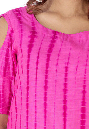 Tie Dyed Pure Silk A Line Long Kurta in Fuchsia