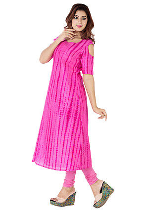 Tie Dyed Pure Silk A Line Long Kurta in Fuchsia