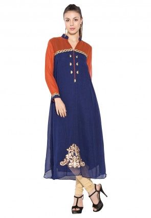 Embroidered Georgette Long Kurta In Navy Blue And Rust