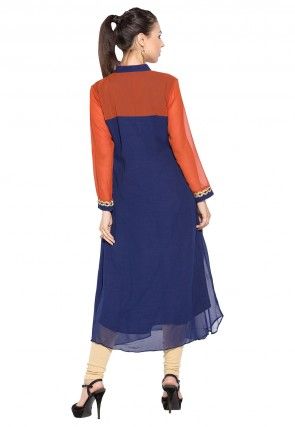 Embroidered Georgette Long Kurta In Navy Blue And Rust