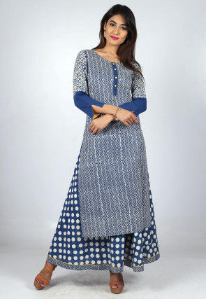 Printed Cotton Layered Long Kurta in Blue