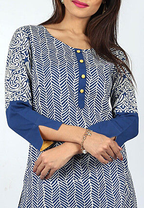 Printed Cotton Layered Long Kurta in Blue