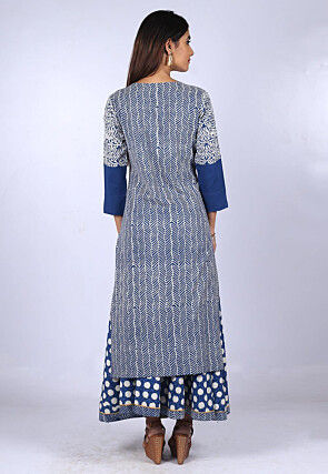 Printed Cotton Layered Long Kurta in Blue