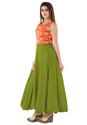 Woven Yoke Art Silk Circular Gown in Green