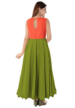 Woven Yoke Art Silk Circular Gown in Green