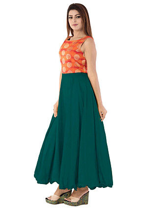 Woven Yoke Art Silk Circular Gown in Dark Teal Green