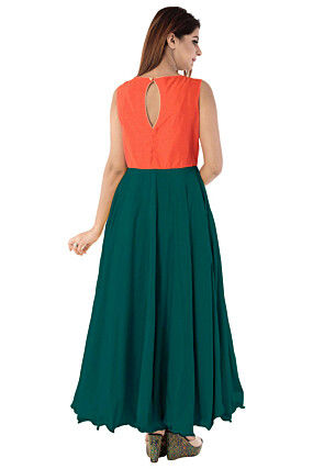 Woven Yoke Art Silk Circular Gown in Dark Teal Green