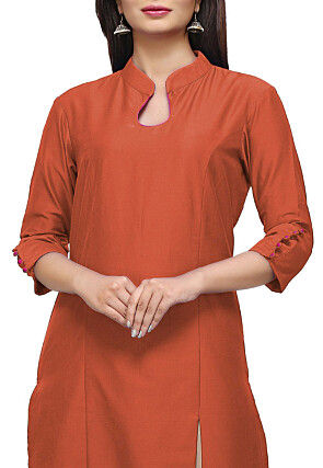 Plain Cotton Silk Side Slit Kurta in Rust