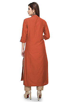 Plain Cotton Silk Side Slit Kurta in Rust