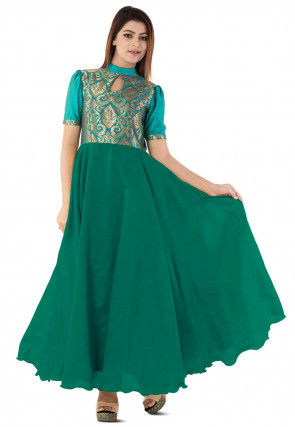 Woven Yoke Dupion Silk Circular Gown in Dark Green and Teal Blue