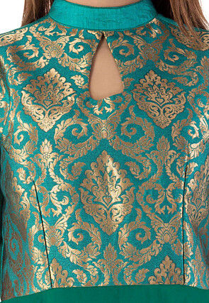 Woven Yoke Dupion Silk Circular Gown in Dark Green and Teal Blue