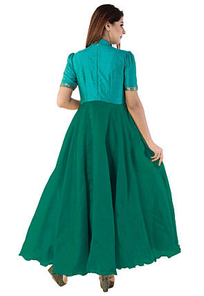 Woven Yoke Dupion Silk Circular Gown in Dark Green and Teal Blue