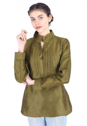 Tucked Art Silk Top in Olive Green