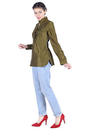 Tucked Art Silk Top in Olive Green