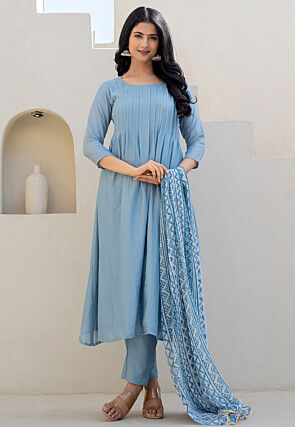 Tucked Chiffon A Line Suit in Blue